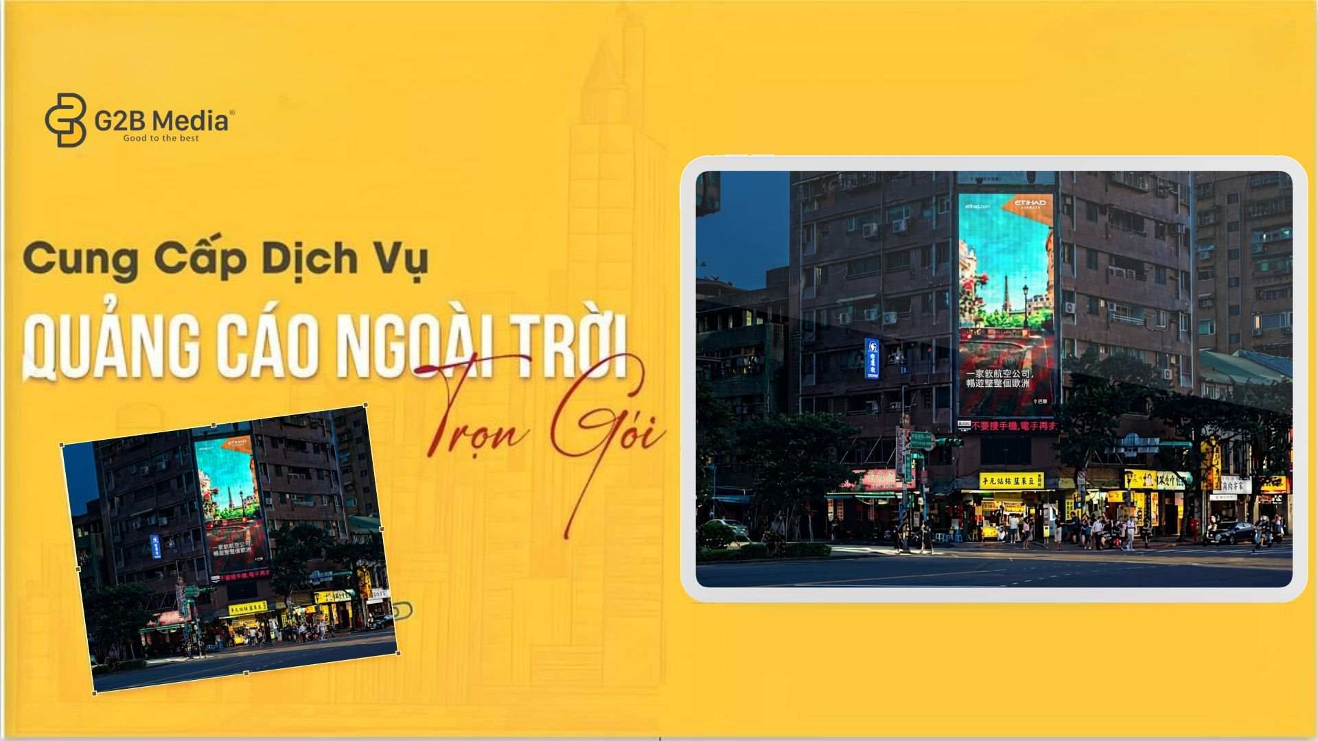 Quảng cáo DOOH Etihad Đài Loan rực sáng ban đêm tại ngã tư Q Square